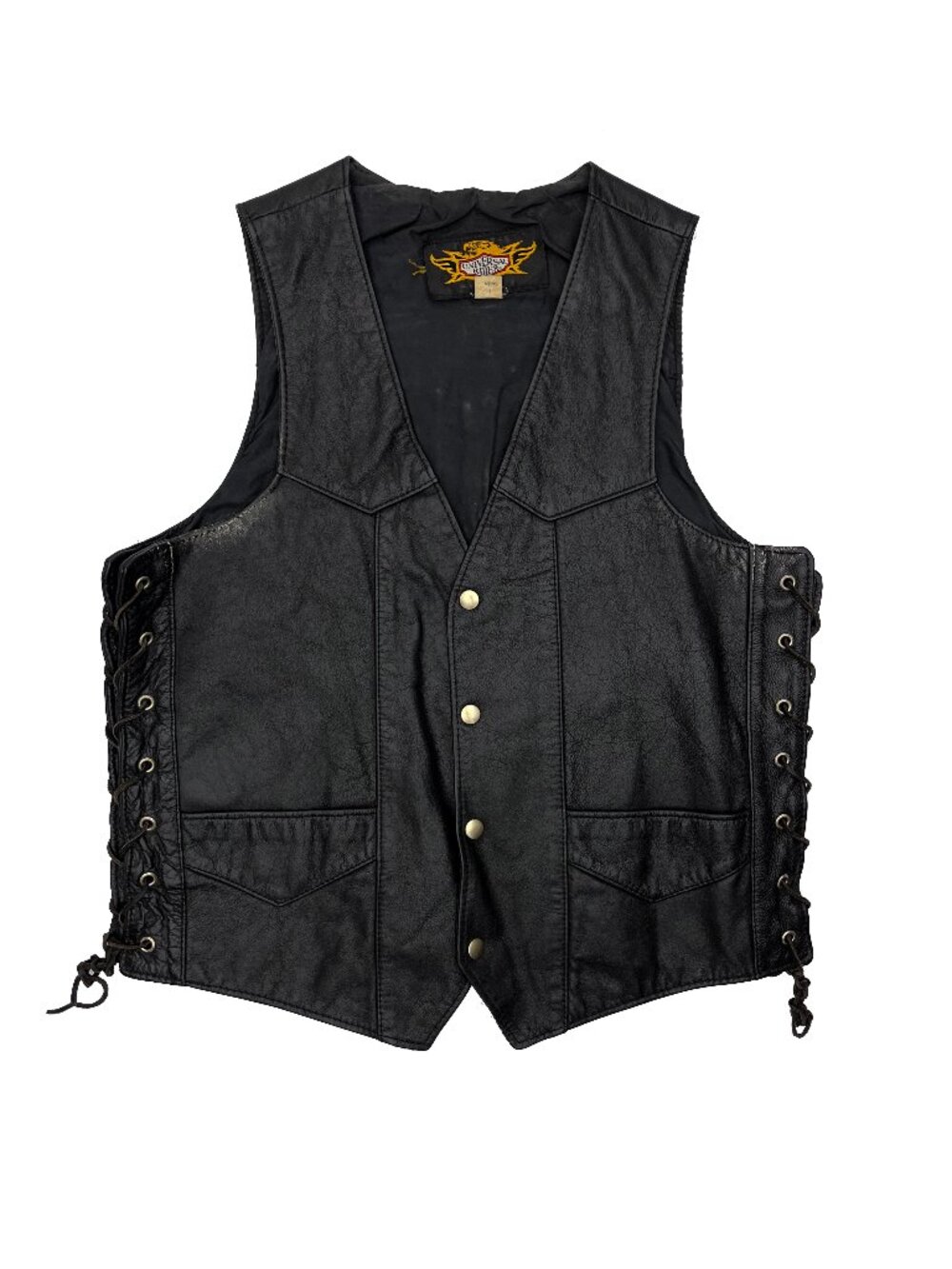 Universal Rider Black Leather Motorcycle Vintage Vest Laces Mens L